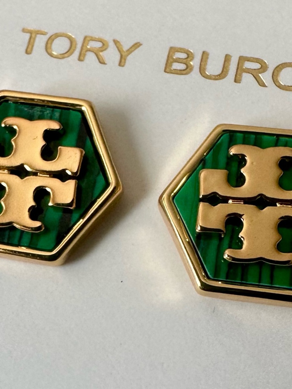 Tory Burch Gold-Tone Hexagon Studs with Green Enamel NWT